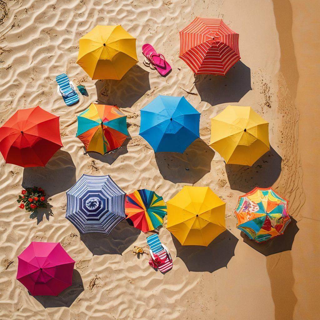 A vibrant beach scene featuring a diverse group of models showcasing the latest bikini trends in an array of colors and styles, with umbrellas and beach towels creating a lively atmosphere. The sun shines brightly, casting playful shadows on the sand, while crystal-clear waves crash in the background. Incorporate tropical plants and beach accessories for added flair. super-realistic. vibrant colors. summer theme.